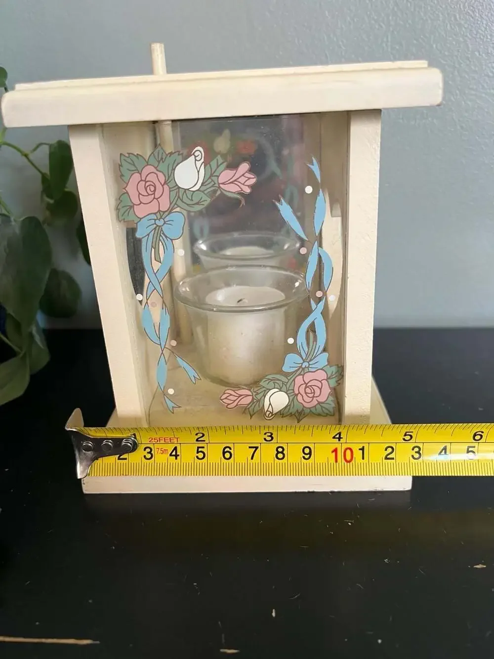 Vintage Country Core Wood Votive Candle Holder with Heart Cutouts and Floral Gla